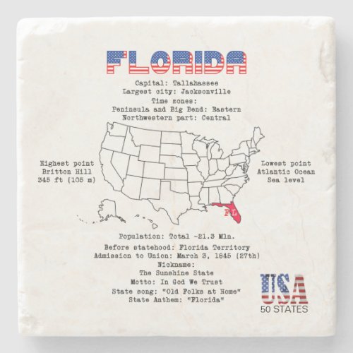 Florida American state on a map and useful info Stone Coaster