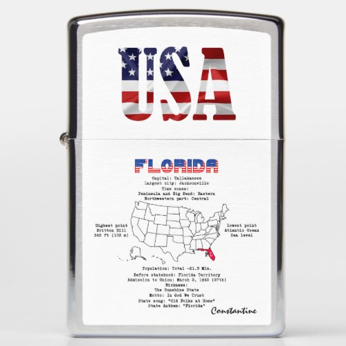 Florida American state on a map and useful info Zippo Lighter