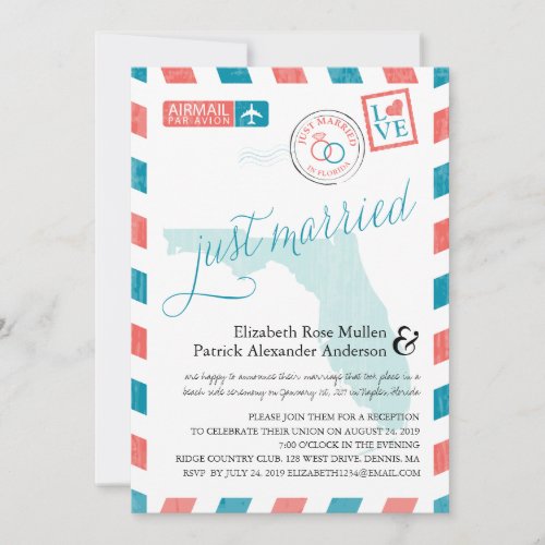 Florida Antique Airmail Just Married Reception Invitation