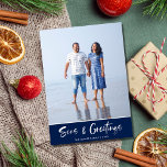 Florida Beach Blue Stripe Family Photo Christmas Holiday Card<br><div class="desc">Christmas holiday cards in a navy beach nautical "Seas and greetings" design. Customize with your photo and names.  This beach Christmas holiday card reverses to a navy blue and white nautical stripe design on the back.</div>