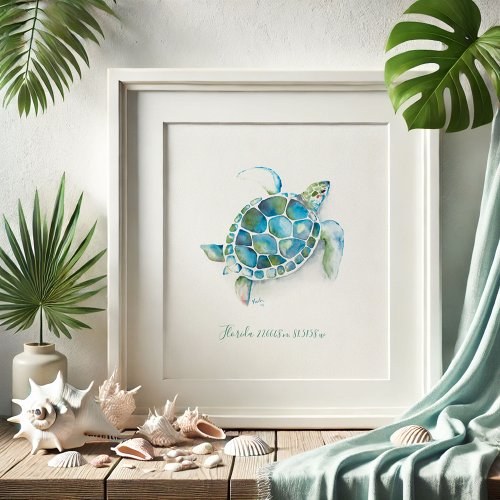Florida Beach Pictures Watercolor Sea Turtle Poster