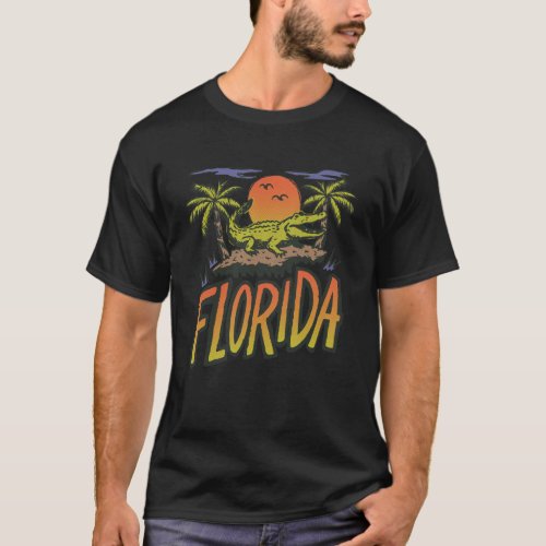 Florida Beach Sunset Palm Tree Sunshine State Retr T-Shirt