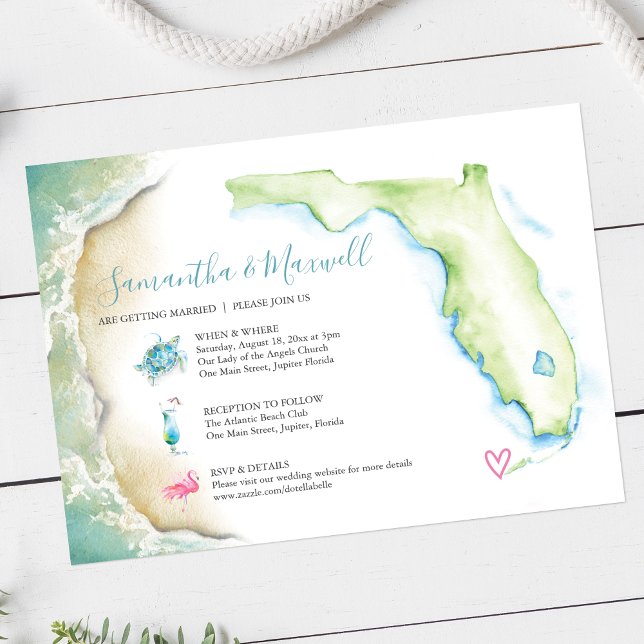 Florida Beach Wedding Watercolor Illustrated Invitation