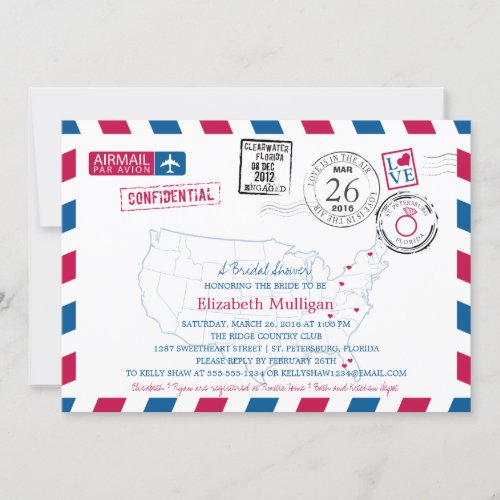 Florida Bridal Shower  USA Map Airmail Invitation
