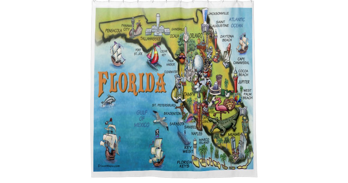 Florida Cartoon Map Shower Curtain, Map Shower Curtain Teal