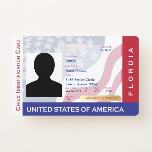 FLORIDA _  Child ID Card _ USA Flag Background Badge