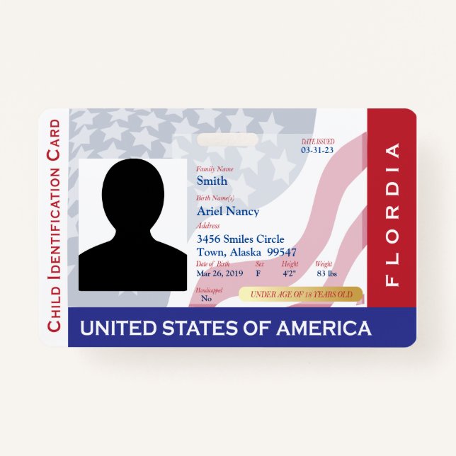 FLORIDA -  Child ID Card - USA Flag Background Badge (Front)