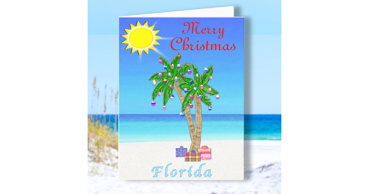 Florida Christmas Cards Palm Tree on Beach | Zazzle