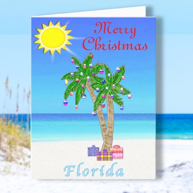 Florida Christmas Cards Palm Tree on Beach (Cheerful, Florida Christmas Cards. Palm Trees decorated with Ornaments and Gifts. Florida Cards.)