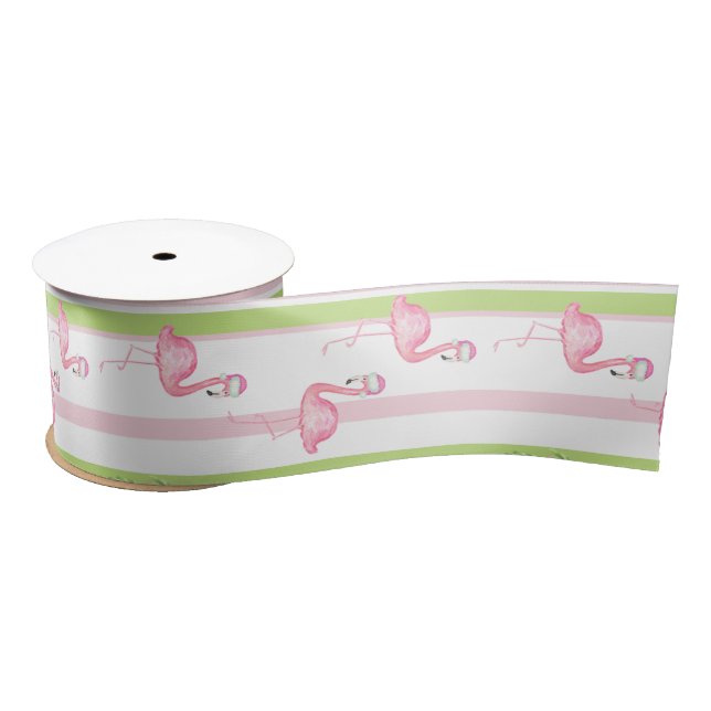 Florida Christmas Flamingo in Santa Hat Satin Ribbon (Spool)