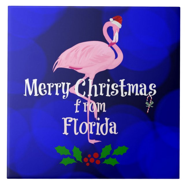 Florida Christmas Greetings from Santa Flamingo Ceramic Tile (Front)