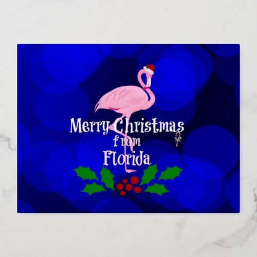 Florida Christmas Greetings from Santa Flamingo Foil Holiday Postcard