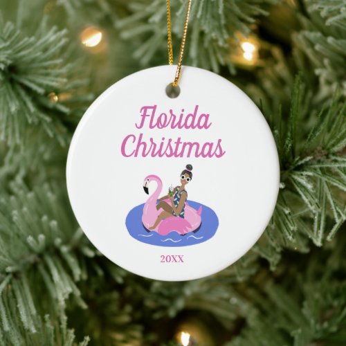 Florida Christmas Personalized Miami Beach Pink Ceramic Ornament
