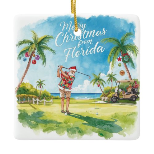 Florida Christmas  Santa golfing  Ceramic Ornament