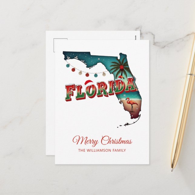 Florida Christmas State Map Illustration Holida Holiday Postcard (Front/Back In Situ)