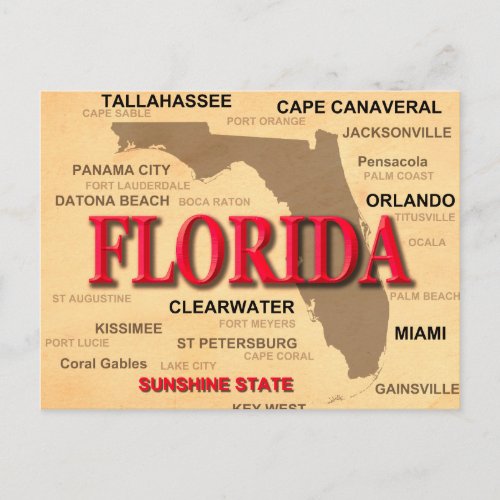 Florida Cities And Towns State Pride Map Postcard