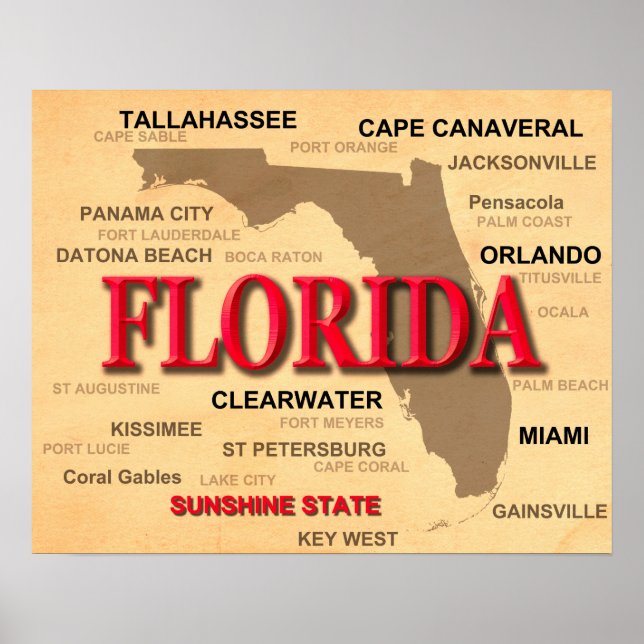 Florida Cities And Towns State Pride Map Poster (Front)