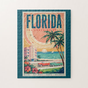 Florida Coast Cars Illustration Travel Art Vintage Jigsaw Puzzle