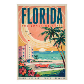 Florida Coast Cars Illustration Travel Art Vintage Poster