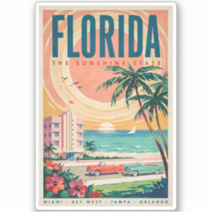Florida Coast Cars Illustration Travel Art Vintage Sticker
