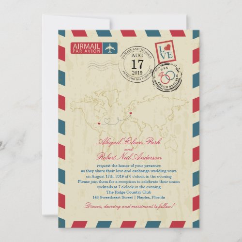 Florida  Czech Republic Vintage Airmail Wedding Invitation