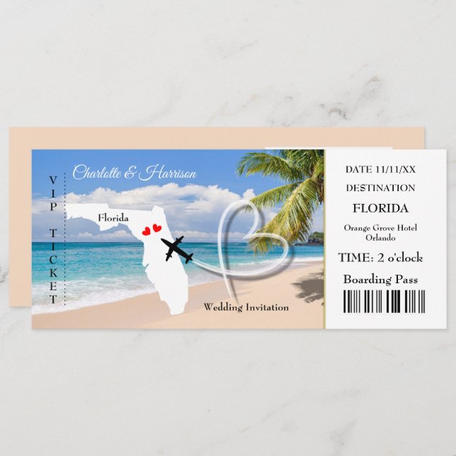 Florida Destination Wedding Ticket Boarding Pass Invitation (Front/Back)