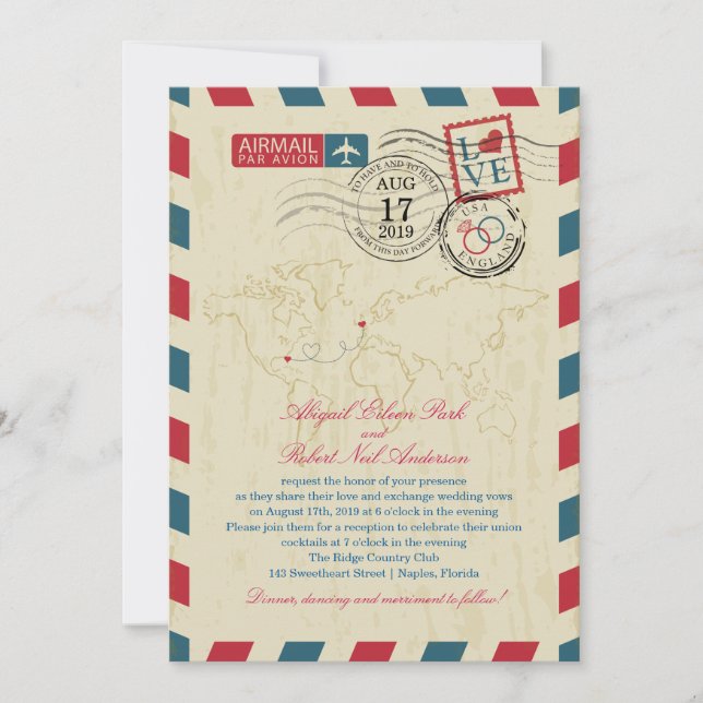 Florida & England Vintage Airmail Wedding Invitation (Front)