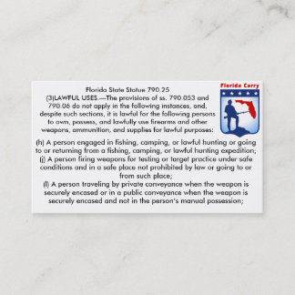 Florida Firearms Open Carry Laws Business cards.. Card