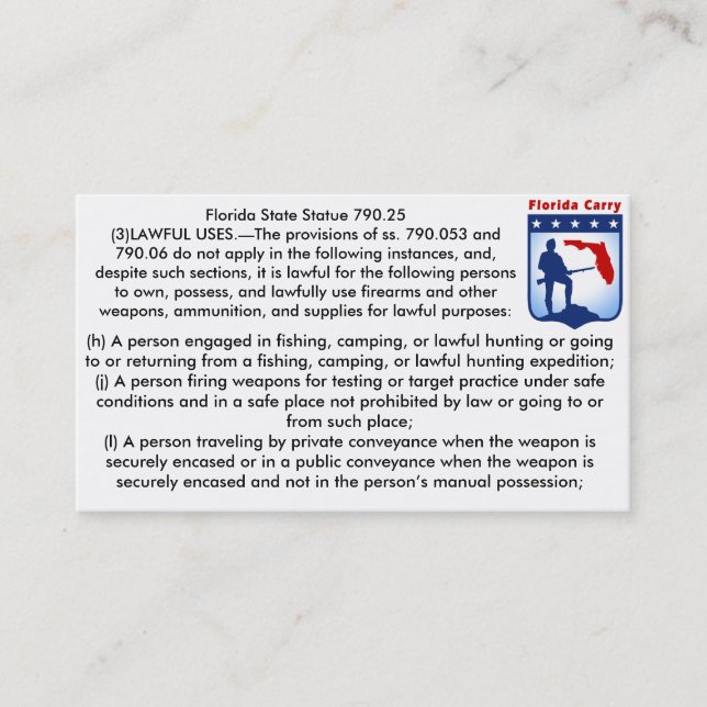 Florida Firearms Open Carry Laws Business cards.. Card (Front)