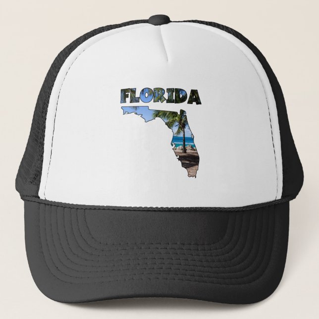 Florida FL Palm Tree and Beach Light Print Trucker Hat (Front)