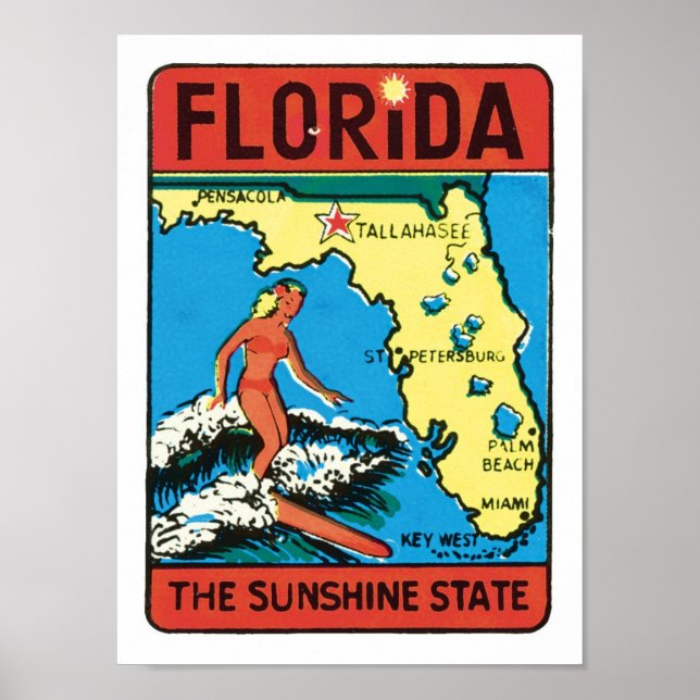 Florida FL USA The Sunshine State Vintage Surfer Poster (Front)