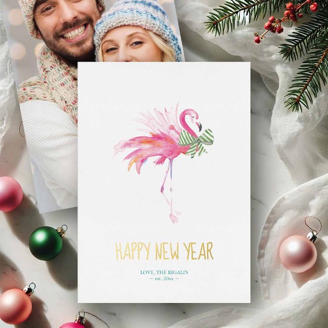Florida Greeting Cards Happy nNew Year (Happy New Year tropical pink flamingo greeting card watercolor by Victoria Grigaliunas)