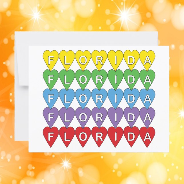 Florida Heart Colorful Postcard (A postcard with the word Florida in yellow, green, blue, purple & red hearts)