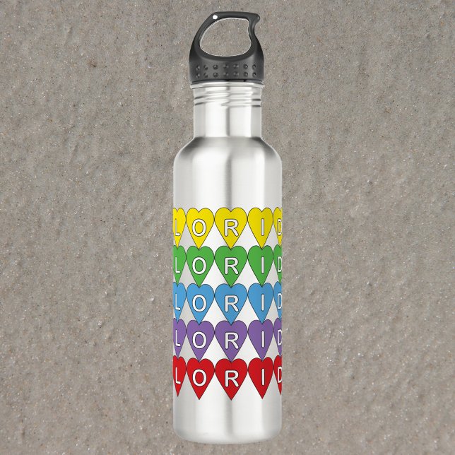 Florida Heart Rainbow Stainless Steel Water Bottle (A water bottle that says Florida in a pattern of rainbow hearts.)