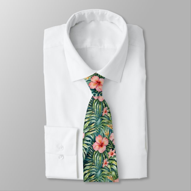Florida Hibiscus Pattern  Neck Tie (Tied)