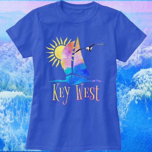 Florida Key West Watercolor Sailboat and Sunshine T_Shirt
