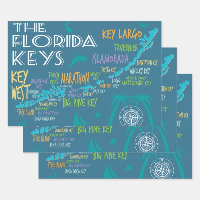 Florida Keys Map with Island Names Wrapping Paper Sheets (Set)