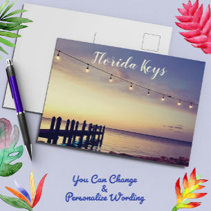 Florida Keys Sunset Dock String Lights Scene Postcard
