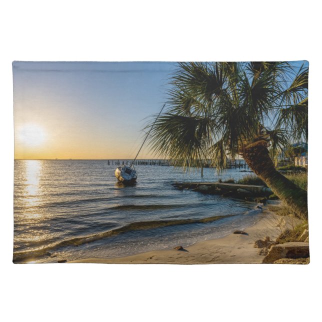 Florida Leaning Palm Tree Sunset Cotton Placemat (Front)