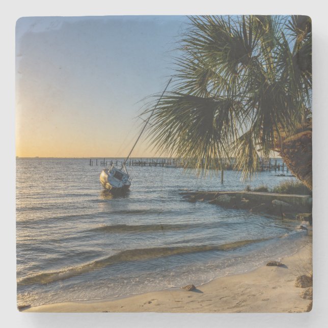 Florida Leaning Palm Tree Sunset Stone Coaster (Front)