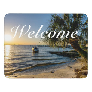 Florida Leaning Palm Tree Sunset Welcome Door Sign