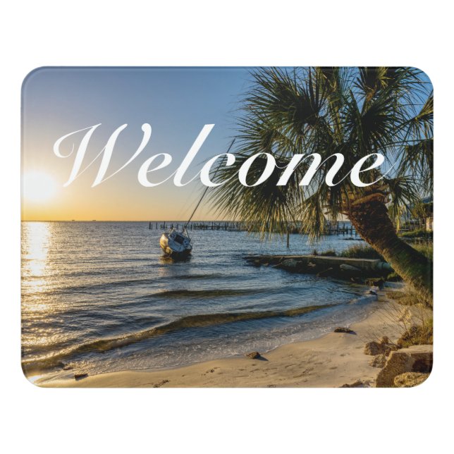 Florida Leaning Palm Tree Sunset Welcome Door Sign (Contemporary Front)