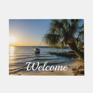 Florida Leaning Palm Tree Sunset Welcome Doormat