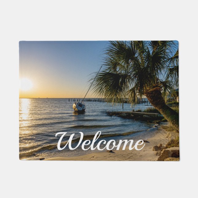 Florida Leaning Palm Tree Sunset Welcome Doormat (Front)