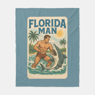 Florida Man Coastal Shark Wrestler - Retro Beach Fleece Blanket