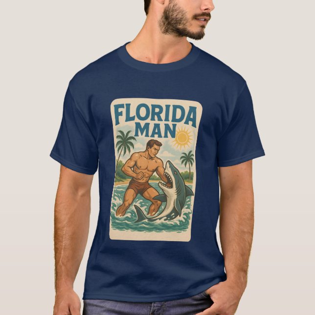 Florida Man Coastal Shark Wrestler - Retro Beach T-Shirt (Front)