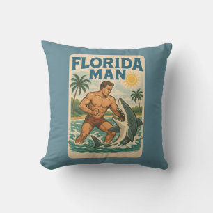 Florida Man Coastal Shark Wrestler Retro Beach Throw Pillow