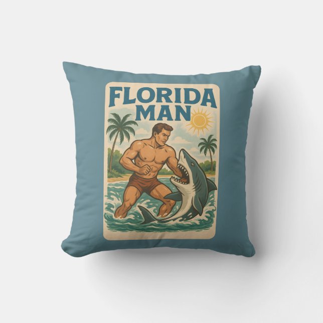 Florida Man Coastal Shark Wrestler - Retro Beach Throw Pillow (Front)