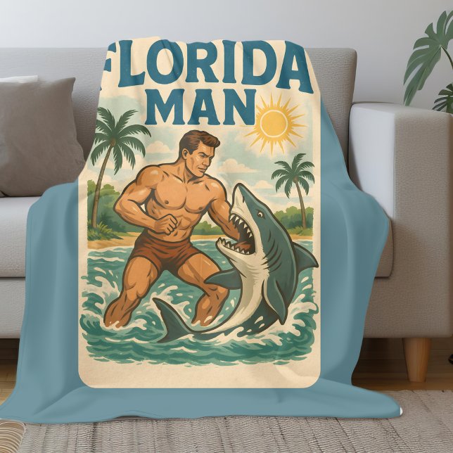 Florida Man Shark Wrestler Funny Retro Beach Life Fleece Blanket (Creator Uploaded)