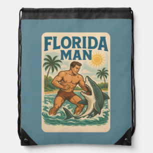 Florida Man Shark Wrestler Retro Beach Daypack Drawstring Bag
